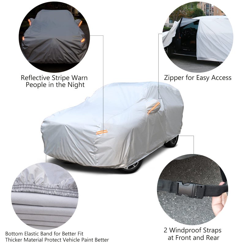 SEAZEN Car Cover 6 Layers, Waterproof SUV Car Cover with Zipper Door, Snowproof/UV Protection/Windproof, Universal Car Covers Breathable Fabric with Cotton (Length Up to 175") - Image 4